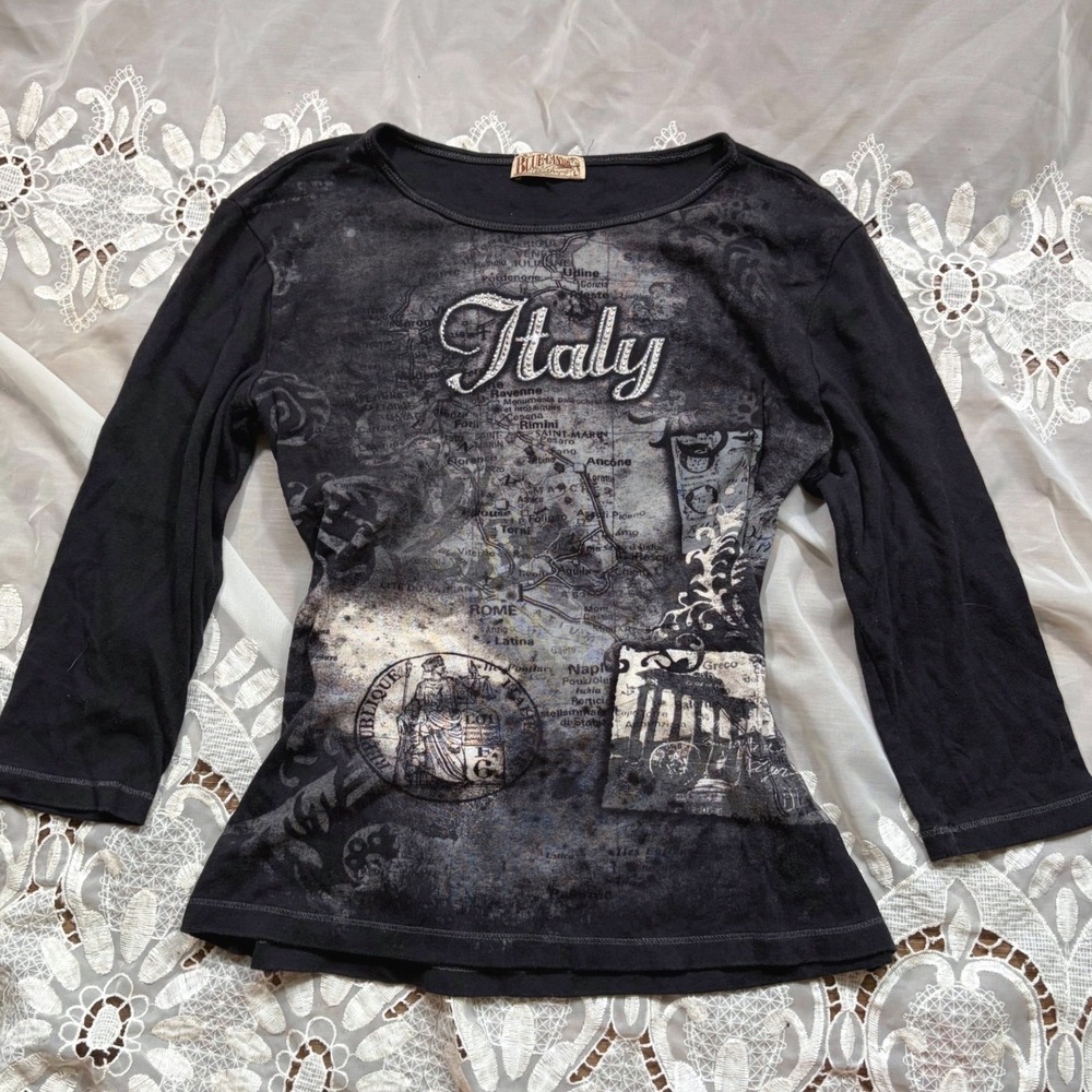 Y2K Grunge McBling Blue Canyon Clothing Italy Map Graphic Top Rhinestone Black
